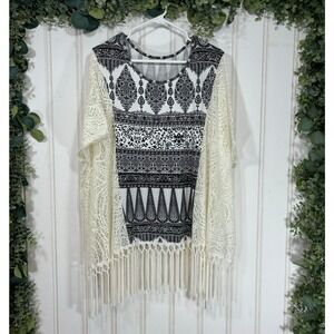 Boho Kimono Top‎ LARGE Black White Paisley Crochet Fringe Festival Cover Up